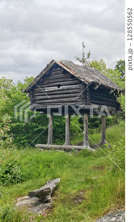 Ancient wooden storehouse on stilts surrounded by green grass and trees under a cloudy sky Ancient wooden storehouse on stilts surrounded by green grass and trees under a cloudy sky 128550562