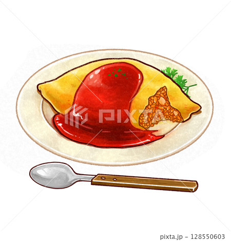 食べかけのオムライスとスプーンの手描きイラスト 食べかけのオムライスとスプーンの手描きイラスト 128550603