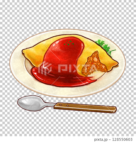 手繪插圖：吃了一半的煎蛋飯和勺子 128550603
