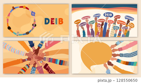 Diversity equality inclusion template with raised hands group teamwork unity people concept 128550650