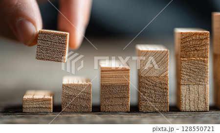 Fingers delicately stacking wooden blocks in an artistic arrangement Fingers delicately stacking wooden blocks in an artistic arrangement 128550721