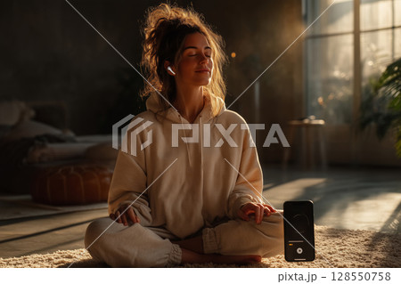 Embracing serenity in cozy loungewear while enjoying soft music at home 128550758
