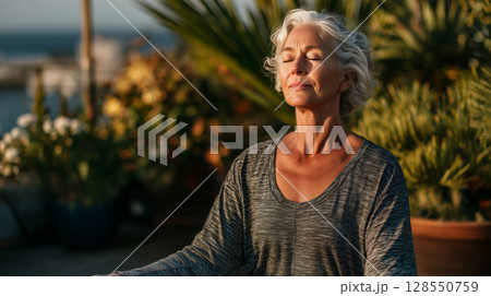 Senior woman enjoys tranquil yoga practice on rooftop in sunset glow 128550759