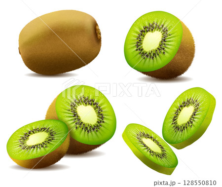 Realistic kiwi. Juicy exotic whole fruit, half and slice . Fresh organic food for healthy eating. Ripe tropical berry for sweet dessert. vector 3D design. 128550810