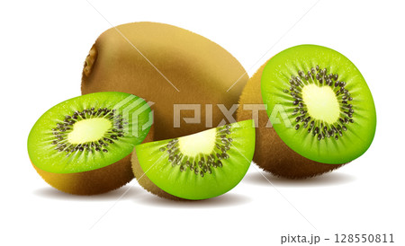 Kiwi fruit. Whole and pieces. Sweet fruit. 3d vector icons set. Realistic illustration 128550811