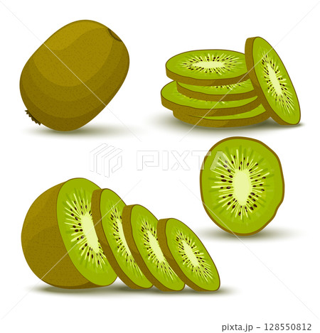 Kiwi. Set of whole, slice, half of a kiwi fruit isolated on white background. Vector icon , flat design 128550812