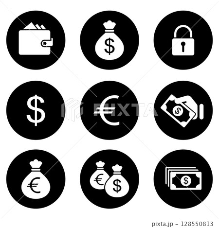 Finance and Money simple icons set. Hand with coins, credit card, wallet, ATM icon collection. 128550813