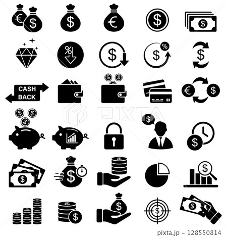 Finance and Money simple icons set. Hand with coins, credit card, wallet, ATM icon collection. 128550814