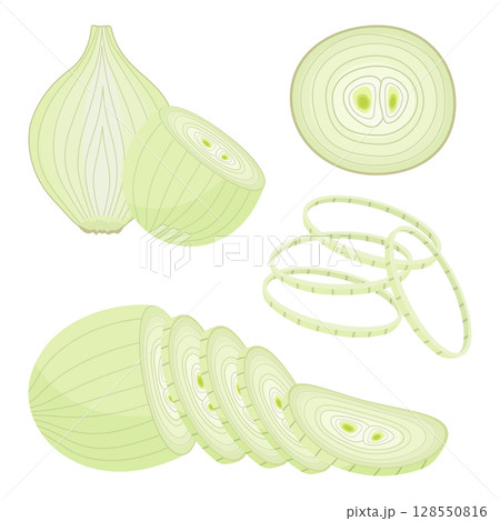 Peeled onion isolated on white. Half, slice and onion rings. Vector icon. Cartoon brown or yellow onions set, Fresh farm market vegetables. 128550816