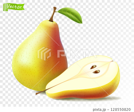 Pear whole and half for organic food Vector3d realistic, drink product design. Fresh sweet fruit full of vitamins for healthy eating, diet. Natural product, fruity ripe dessert. 128550820
