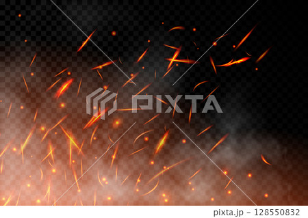 Realistic fire sparks background on a transparent background. Burning hot sparks effect with embers burning cinder and smoke flying in the air. Heat effect with glow and sparks from bonfire. Vector Realistic fire sparks background on a transparent background. Burning hot sparks effect with embers burning cinder and smoke flying in the air. Heat effect with glow and sparks from bonfire. Vector 128550832