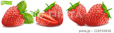 Whole strawberry and sliced half strawberry. Set ot fresh red ripe mellow berry on white background. Realistic 3d isolated vector illustration 128550836