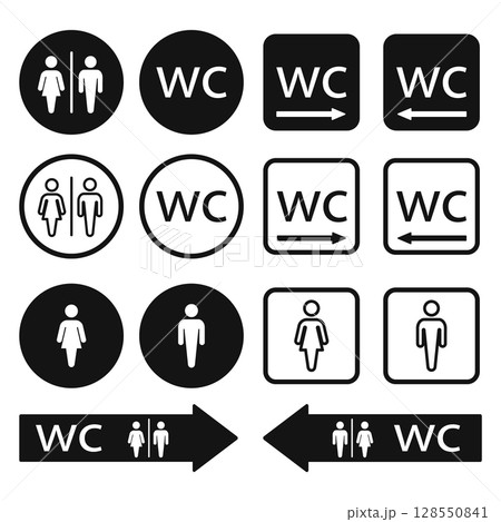 WC Toilet icons set. Men and women WC signs for restroom. WC direction arrow symbol vector illustration. 128550841