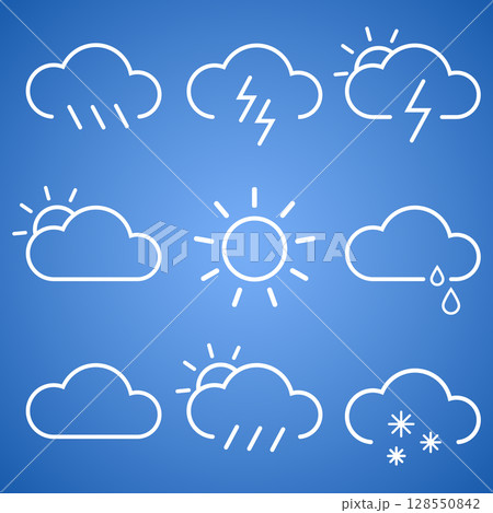 linear classic weather icons set. season info hot, sunny day, cloudy, rainy or snowy, ice-crusted ground. graphic pack with simple outline elements for interface app mobile, web on background linear classic weather icons set. season info hot, sunny day, cloudy, rainy or snowy, ice-crusted ground. graphic pack with simple outline elements for interface app mobile, web on background 128550842