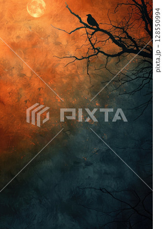 vertical Halloween background, black raven on tree shapes against orange, designed for event poster or social media, copy space, free space for text 128550994