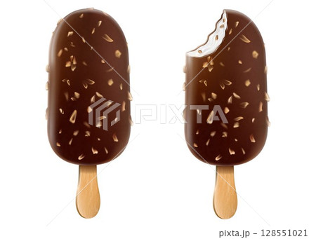 Ice cream with chocolate glaze and nuts on a stick. Brown whole and bitten chocolate ice cream popsicle with peanuts isolated on white background Realistic 3D vector food posters and summer banners. 128551021