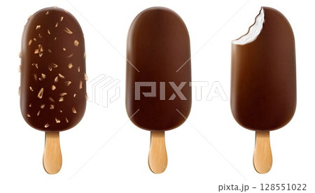 Ice cream with chocolate glaze and nuts on a stick. Brown whole and bitten chocolate ice cream popsicle with peanuts isolated on white background Realistic 3D vector food posters and summer banners. 128551022