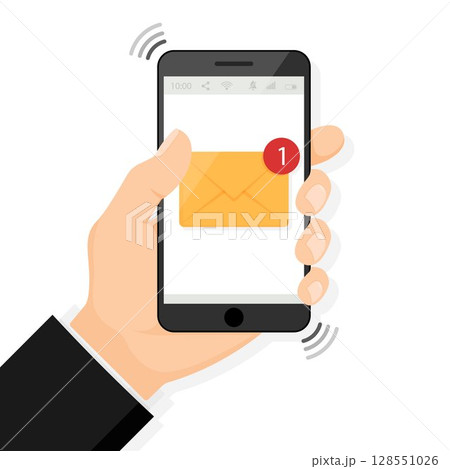 Hand holding smartphone with new email notification on mobile phone vector illustration, smartphone screen with new unread e-mail message and read mail envelope icons, inbox concept, flat design 128551026