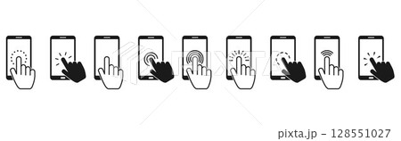 Hand touch screen smartphone icon. Hand click, press touch screen. Vector icon set 128551027