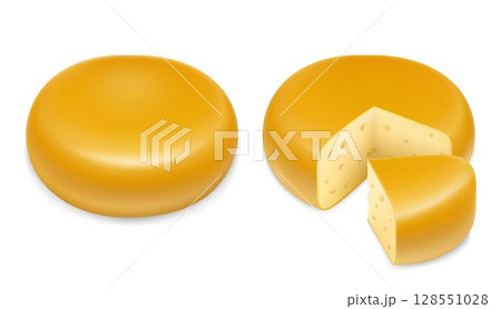 Cheese 3d realistic vector objects, isolated on white background . A whole head of yellow cheese with a cut piece. Parmesan cheese. Dairy products, realistic 3D vector 128551028