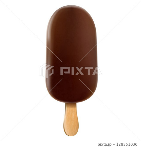 Ice cream bar with chocolate coating. Chocolate ice cream on a stick, popsicle, isolated on white background, realistic 3D vector illustration. 128551030