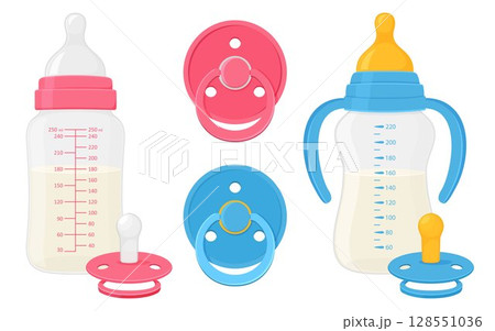 Baby bottles with milk and pacifier baby dummies care nipples for newborn child . Isolated on white background. Flat design 128551036