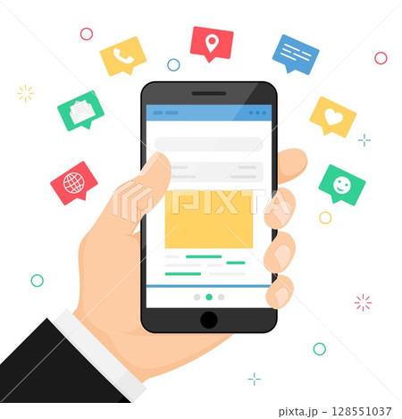 Hand holds smartphone. Icons, emoji, text messages, notifications fly out of the screen. Communication and Social networking concept, on white background. Vector flat cartoon illustration 128551037