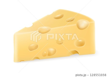 Volumetric piece of cheese with holes , isolated illustration on white background. Realistic 3D vector. Emmental or Cheddar hard cheese slice, triangular piece with holes for dairy food design 128551038