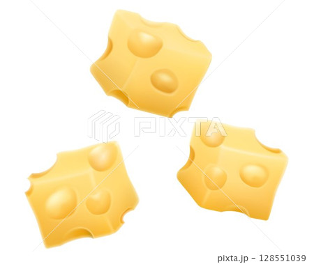 Cheese cube set, food object, isolated on white background. Realistic 3D vector illustration 128551039