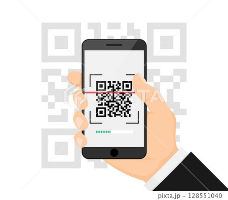 QR code scan to smartphone for detail, Qr code for payment. Mobile phone scanning QR-code. Verification. Vector illustration. QR code scan to smartphone for detail, Qr code for payment. Mobile phone scanning QR-code. Verification. Vector illustration. 128551040