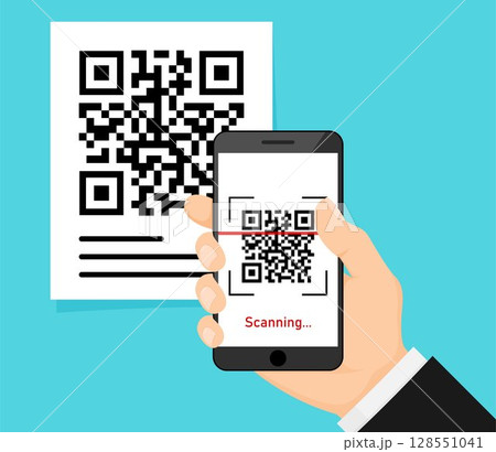 QR code scan to smartphone for detail, Qr code for payment. Mobile phone scanning QR-code. Verification. Vector illustration. 128551041
