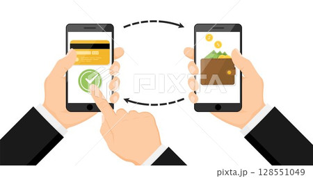 Money payment transfer in mobile. Online transaction with cash wallet and credit card. Two hands exchange electronic money. Concept of fast pay by purchase. Sending and receiving money. vector 128551049