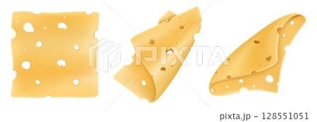 Cheese slices isolated on a white background. Pieces of hard cheese with holes. Realistic 3D vector illustration. 128551051