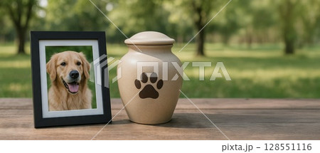 pet memorial tribute with framed dog portrait and paw print urn on wooden table in serene outdoor setting. concept of remembrance, pet loss, grief healing, banner, copy space pet memorial tribute with framed dog portrait and paw print urn on wooden table in serene outdoor setting. concept of remembrance, pet loss, grief healing, banner, copy space 128551116