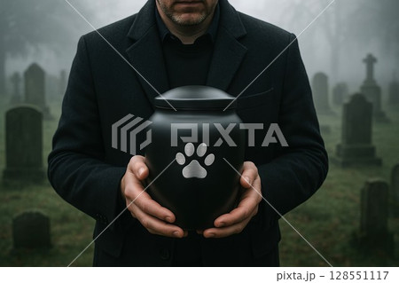 Man holding pet memorial urn with paw print in foggy cemetery during remembrance ceremony. concept of grieving, loss, tribute to beloved pets Man holding pet memorial urn with paw print in foggy cemetery during remembrance ceremony. concept of grieving, loss, tribute to beloved pets 128551117