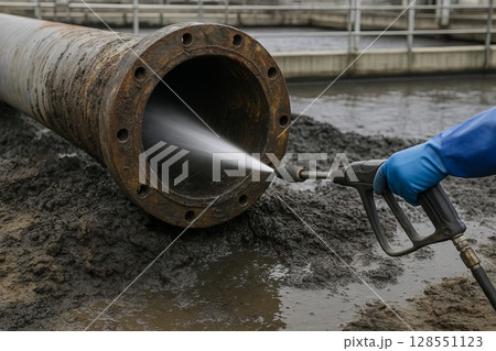 High pressure pipe cleaning process with water jet in industrial environment demonstrating effective maintenance and efficiency concepts of industry, cleaning, maintenance 128551123