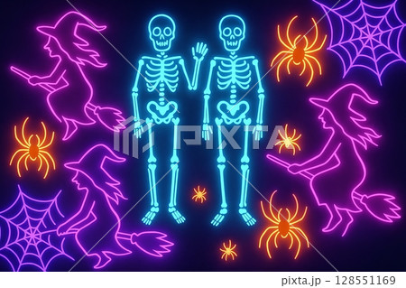 Neon illustration of skeletons and witches on broomsticks with spiders and webs for halloween. concept of spooky decor, festive celebration, holiday atmosphere 128551169