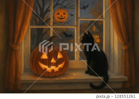 Black cat sitting by window with jack-o-lantern during halloween night. concept of halloween decor, spooky atmosphere, autumn evening. 128551261