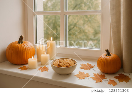 Cozy autumn living room decor with pumpkins, candles, and fall leaves by the window. concept of seasonal home decor, warm atmosphere, autumn interior design, Thanksgiving Cozy autumn living room decor with pumpkins, candles, and fall leaves by the window. concept of seasonal home decor, warm atmosphere, autumn interior design, Thanksgiving 128551308