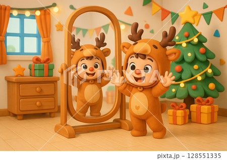 Child dressed as reindeer smiling at reflection in mirror near decorated christmas tree. concept of holiday spirit, childhood joy, winter festivity, cute costume 128551335