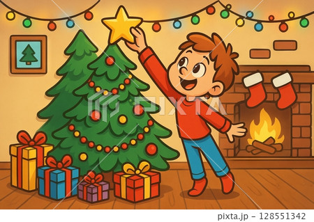 Boy decorating christmas tree with star in cozy living room by fireplace. concept of holiday spirit, festive home decor, child's christmas joyful activity 128551342