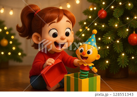 Happy child opening christmas gift with joyful surprise at home near decorated tree. concept of holiday celebration, joyful child, christmas festivity 128551343