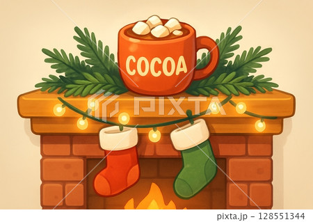 Illustration of cozy christmas fireplace with cocoa mug and stockings. concept of holiday warmth, festive decor, winter celebration 128551344