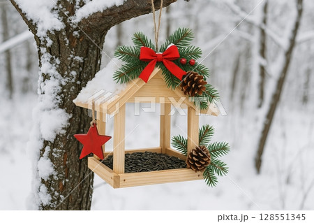 Christmas bird feeder hanging on snow-covered tree branch with pine cones and red star decoration in winter forest. concept of winter wildlife, festive decor, holiday season. 128551345