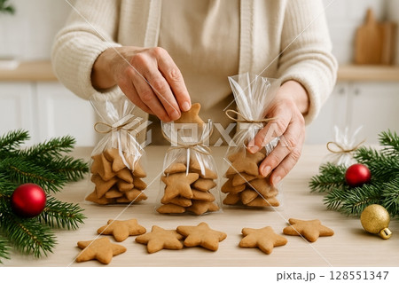 Christmas gift bags with homemade star-shaped gingerbread cookies and festive decor featuring pine branches and red baubles. concept of holiday gifting, baking tradition 128551347