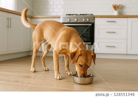 Dog enjoying a meal in modern kitchen setting capturing simple dining delight. concept of pet care, canine nutrition, domestic life 128551348
