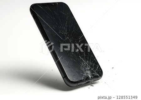 Smartphone shattering on impact in dramatic slow motion highlighting fragility and technology. concept of broken device, modern gadget, screen damage, white background 128551349