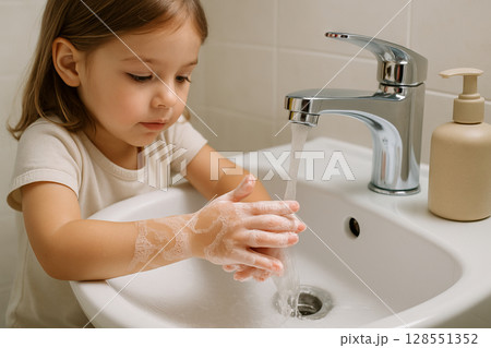 Young girl washing hands under running faucet in bathroom. concept of hygiene, cleanliness, germ prevention, daily routine 128551352