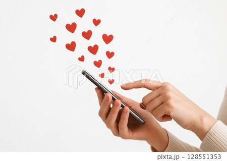 Woman Hands holding smartphone with floating red hearts concept of love, romance, digital communication, modern relationships, online dating, social media interaction, white background 128551353