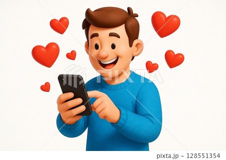 Smiling young man interacting with smartphone surrounded by red hearts on white background. concept of love, connection, digital communication 128551354